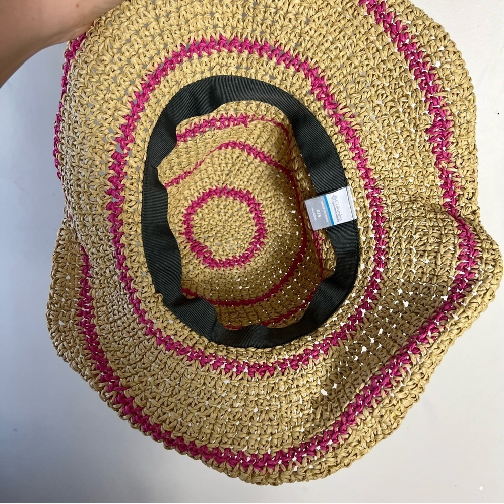 Columbia Women’s Tan and Pink 100% Paper Straw Hat O/S Adjustable Wire Vacation - Picture 3 of 5